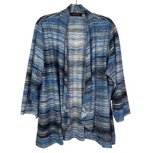 Kasper Cardigan Womens 2X Blue Gray Open Front Sheer Burnout Knit 3/4 Sleeve